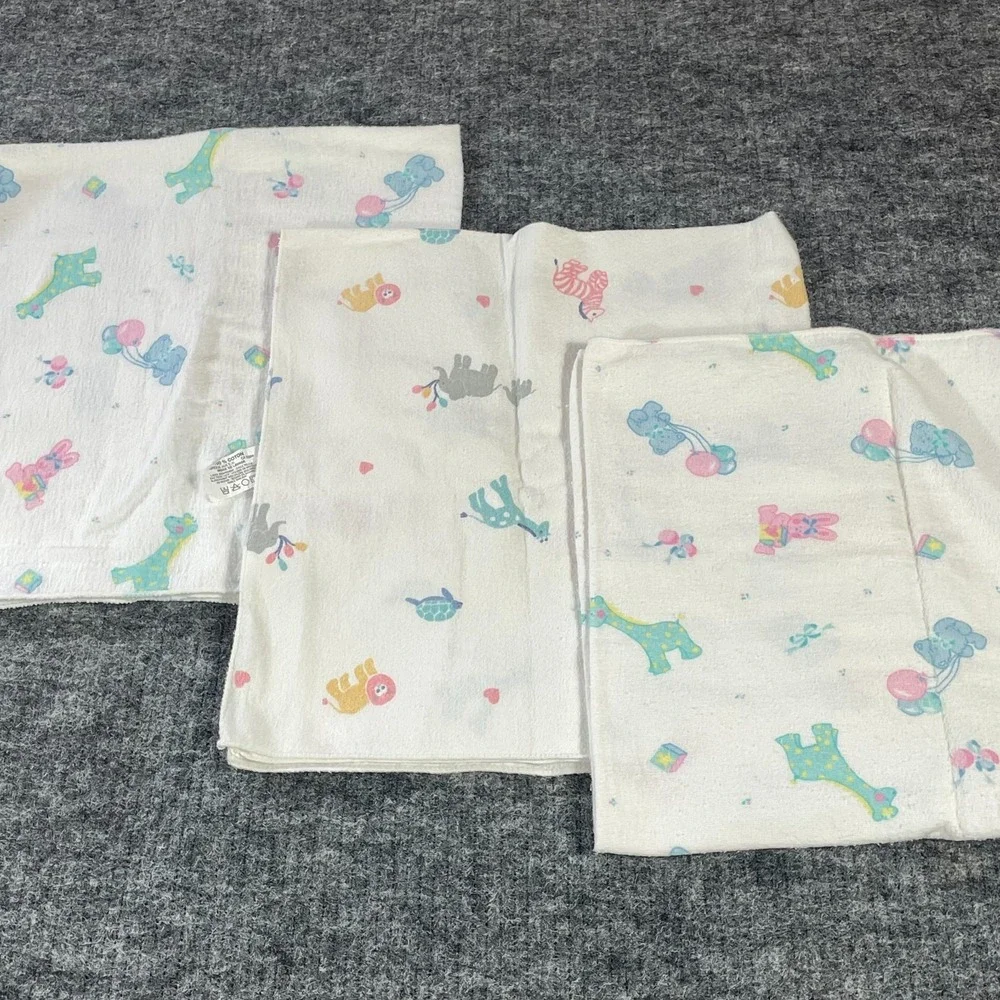 Vtg Riegel Baby Blankets White AOP Flannel Bunny Giraffe Elephant Lot of 3 Retro